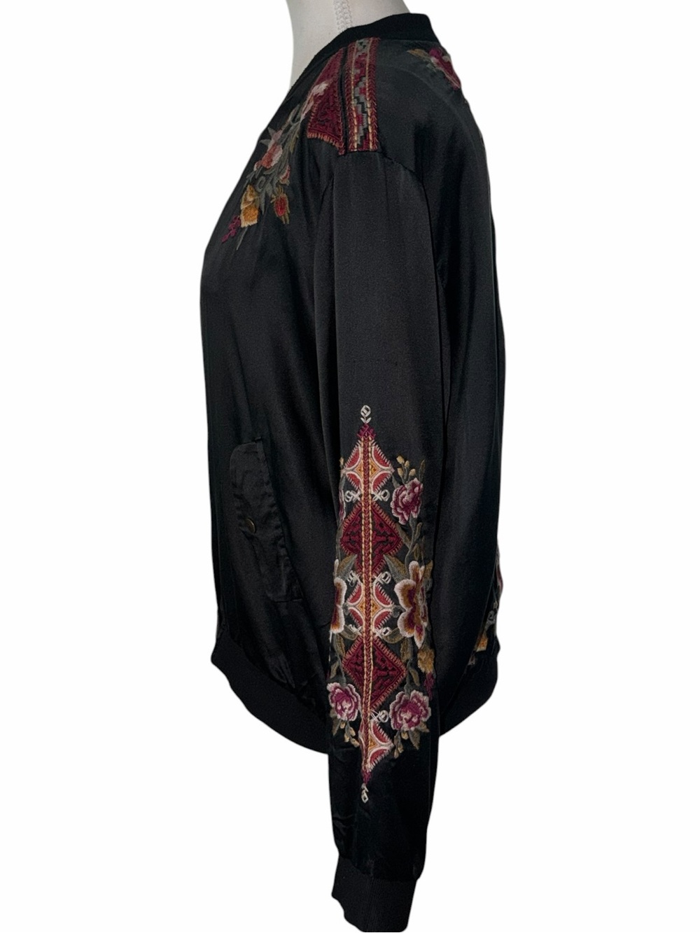 Johnny Was Black Nepal Silk Blend Bomber Jacket with Floral Embroidery L - Picture 3 of 14